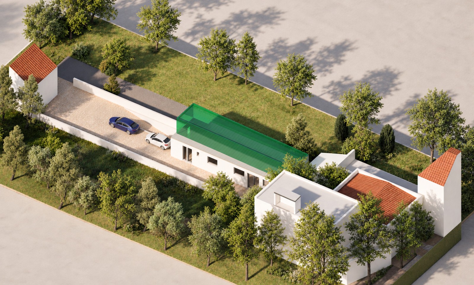 Axonométrie du projet évolutif à Ris-Orangis, avec surélévation envisagée en vert et stationnement dans la cour.