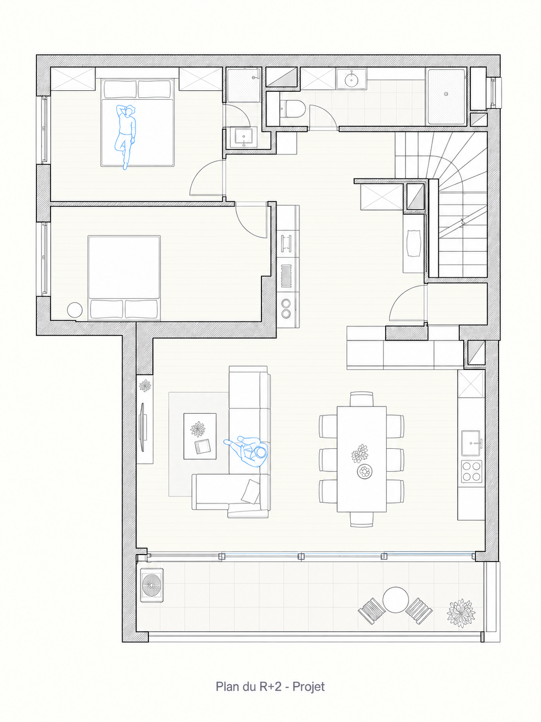 Plan du deuxième étage projeté à Suresnes, avec deux chambres, pièces d’eau, séjour avec cuisine ouverte et terrasse. Légende : Réaménagement du R+2 et de sa terrasse, selon le libellé du dessin.