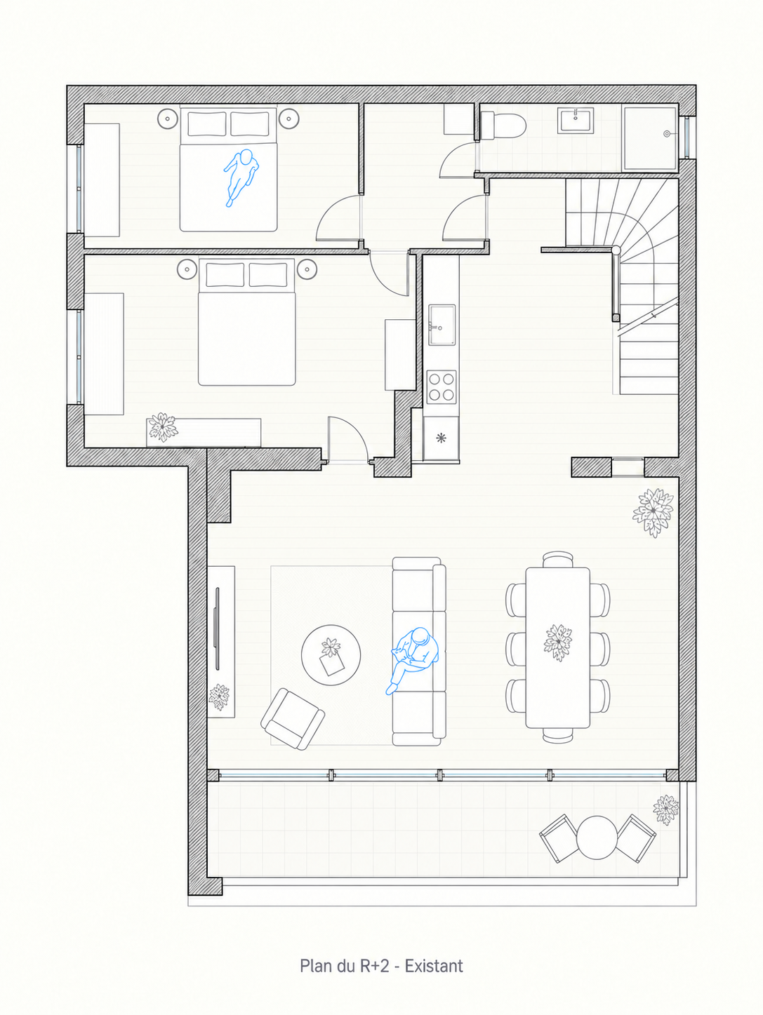 Plan du deuxième étage existant à Suresnes, avec deux chambres, pièce d’eau, cuisine ouverte sur le séjour et terrasse. Légende : Organisation du R+2 à l’état existant, selon le libellé du dessin.