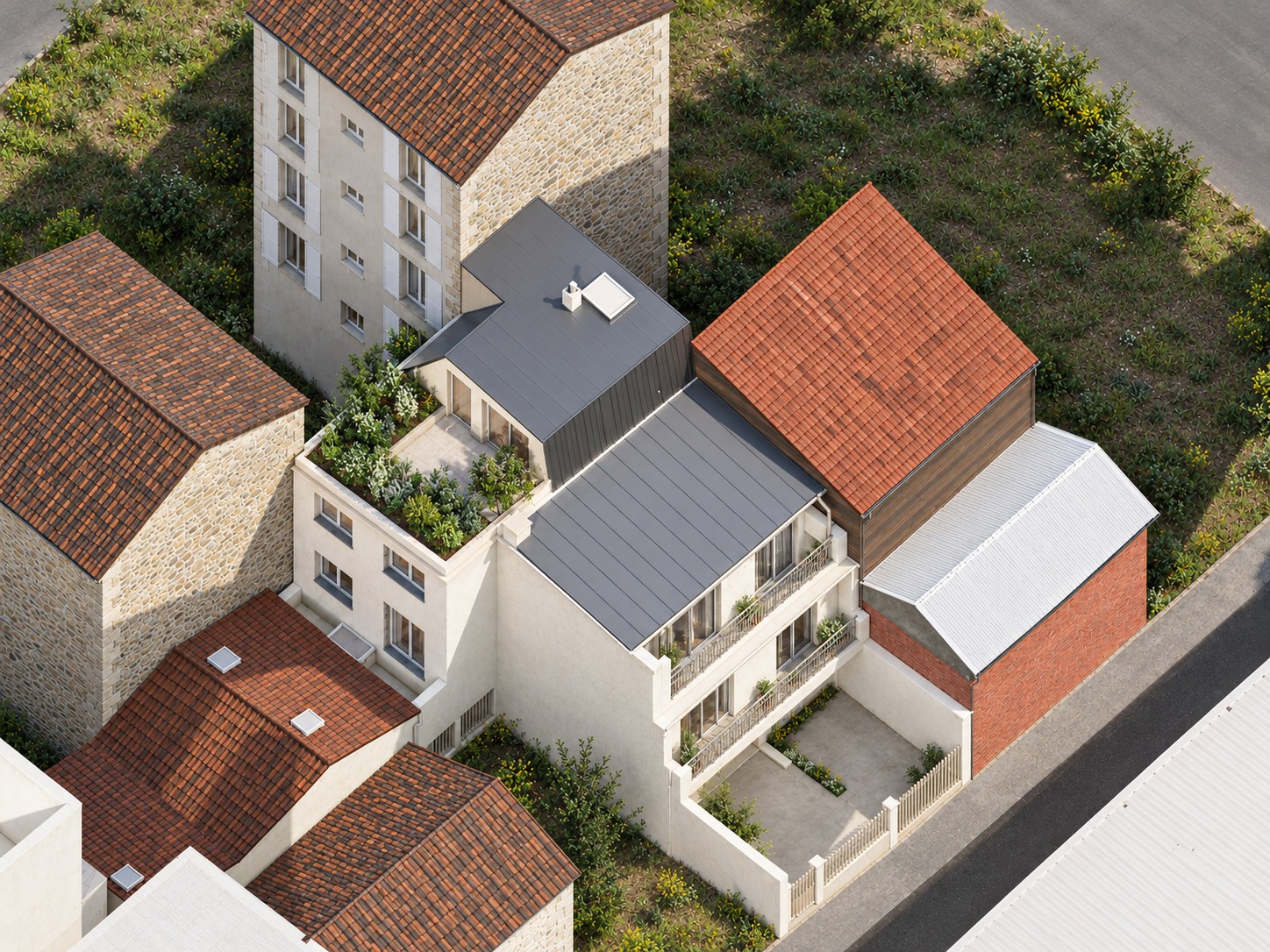 Axonométrie du projet de surélévation à Suresnes, avec volume en toiture zinc et terrasse plantée dans un ensemble de bâtiments mitoyens.