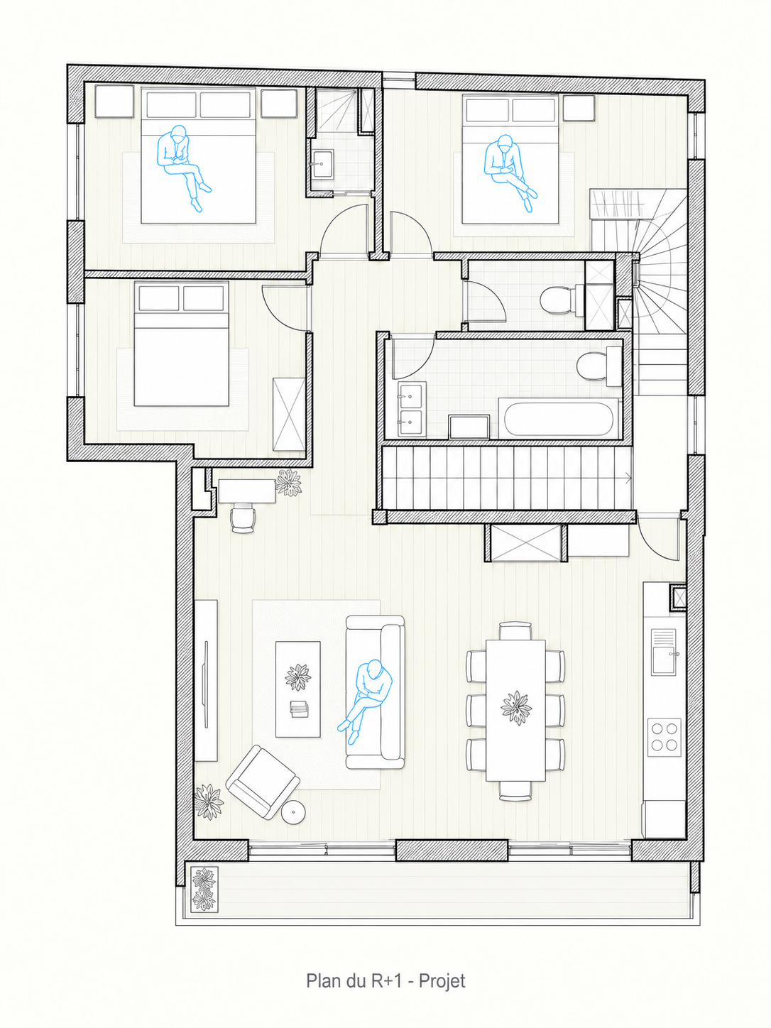 Plan du premier étage projeté à Suresnes, avec trois chambres, deux pièces d’eau et séjour avec cuisine ouverte. Légende : Réaménagement du R+1 dans le projet.