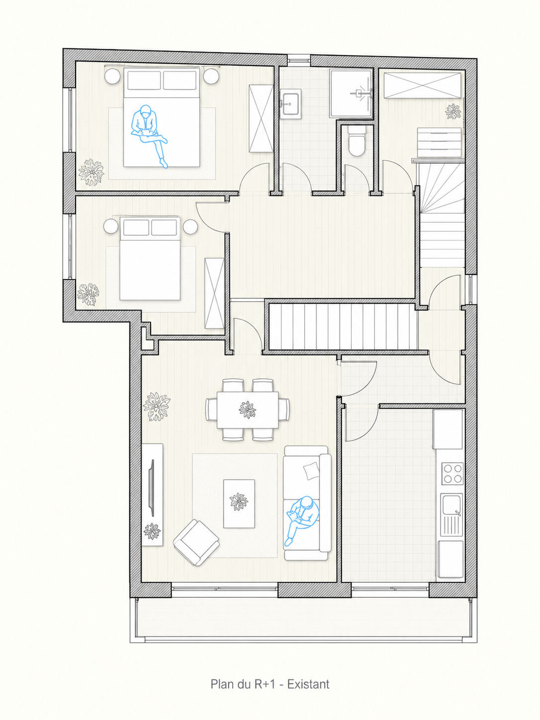 Plan du premier étage existant à Suresnes, avec deux chambres, pièce d’eau, cuisine séparée, séjour et balcon.