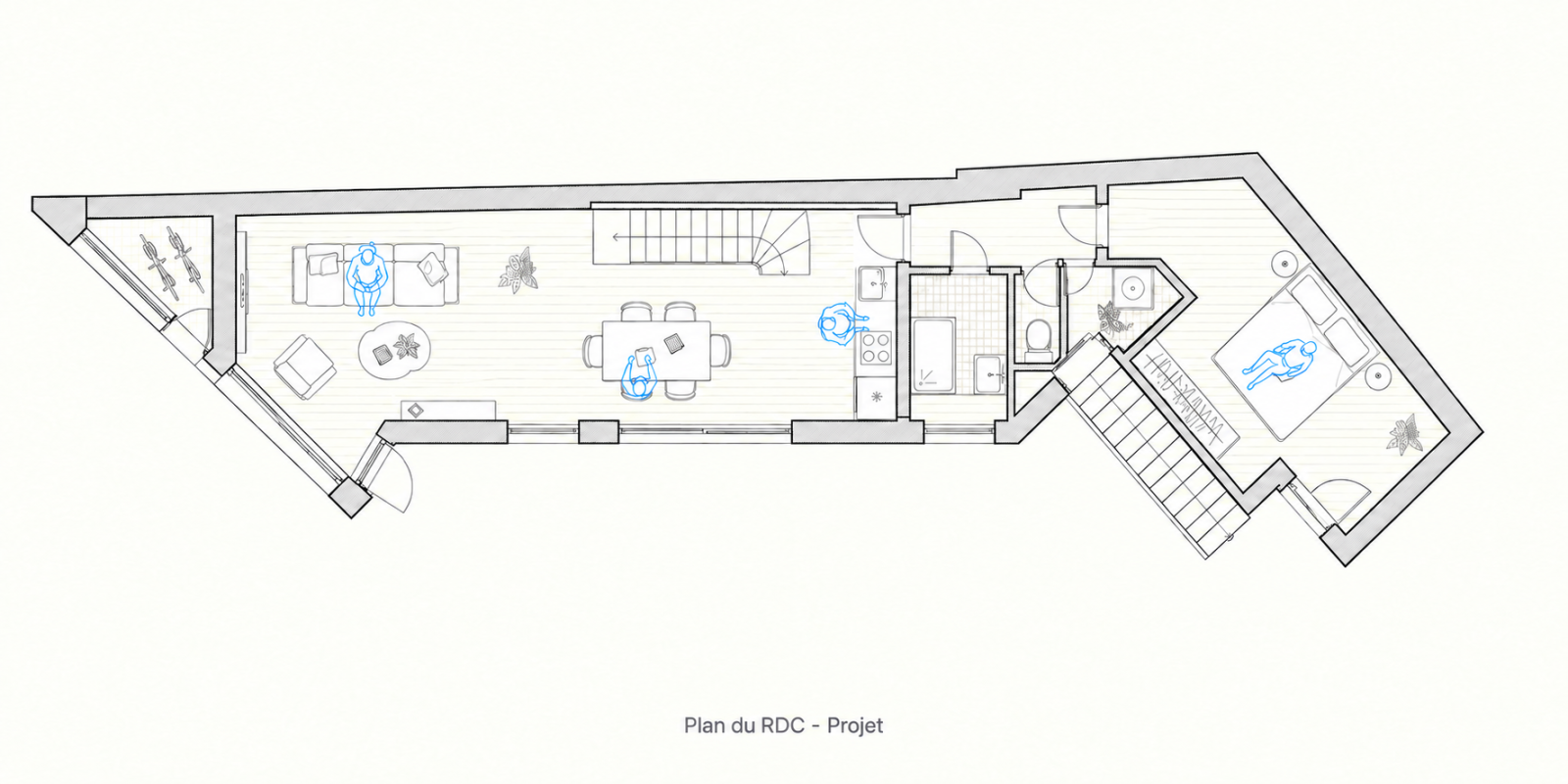 Plan du rez-de-chaussée projeté à Cannes, avec séjour, salle à manger et cuisine ouverts sur la cour, chambre parentale et escalier intérieur.