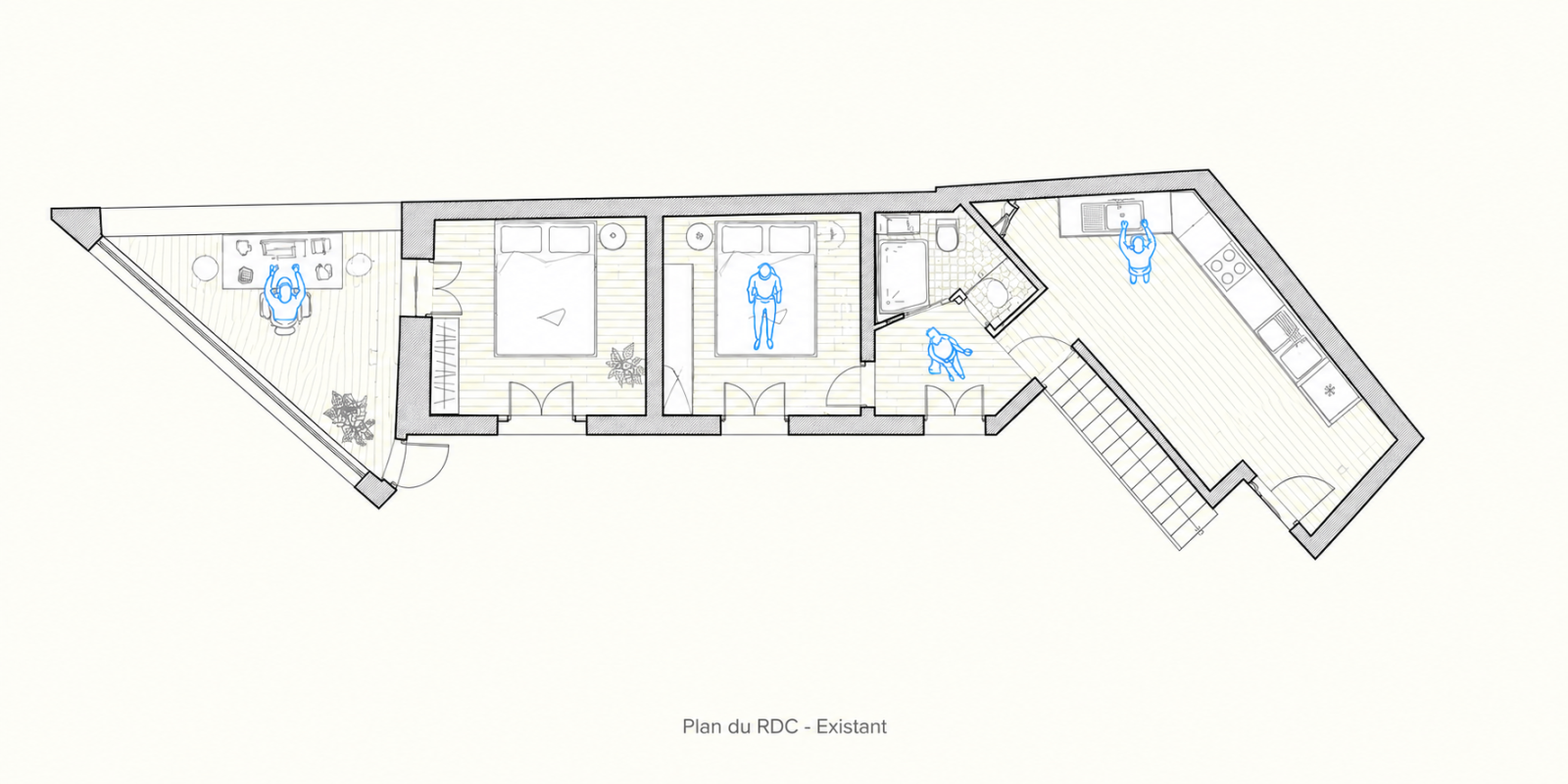 Plan du rez-de-chaussée existant de la maison à Cannes, avec deux chambres, une cuisine et une salle d’eau dans une distribution morcelée.
