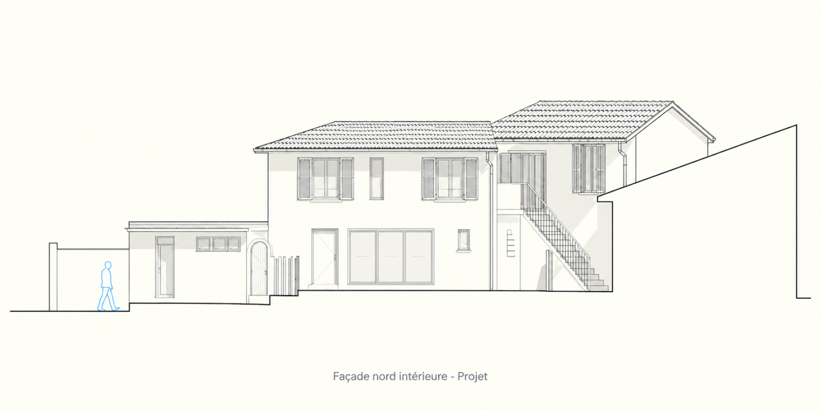 Élévation projetée de la façade nord sur cour à Cannes, avec étage supplémentaire, toiture en tuiles et baie vitrée au rez-de-chaussée.