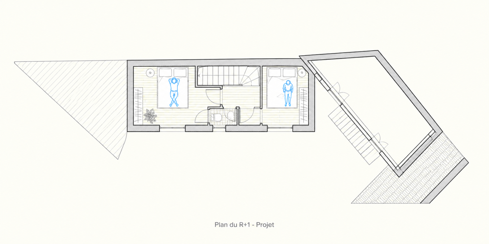 Plan du premier étage créé par surélévation à Cannes, avec deux chambres, un palier et un WC.