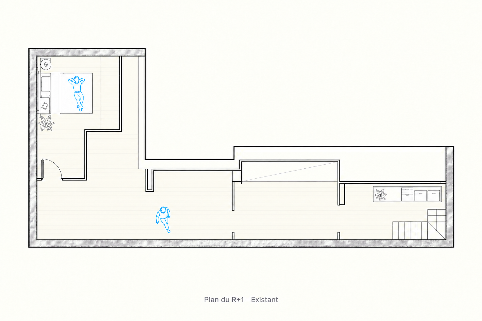 Plan du premier étage existant de la maison à Colombes, avec chambre, circulation et espaces de rangement.