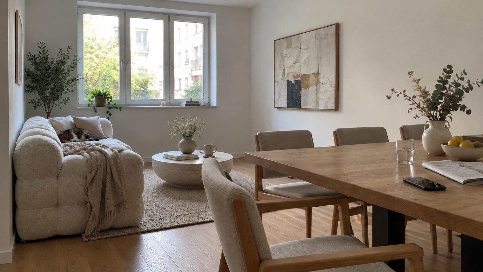Salon et salle à manger du projet à Colombes, avec canapé clair, table en bois et grande fenêtre.