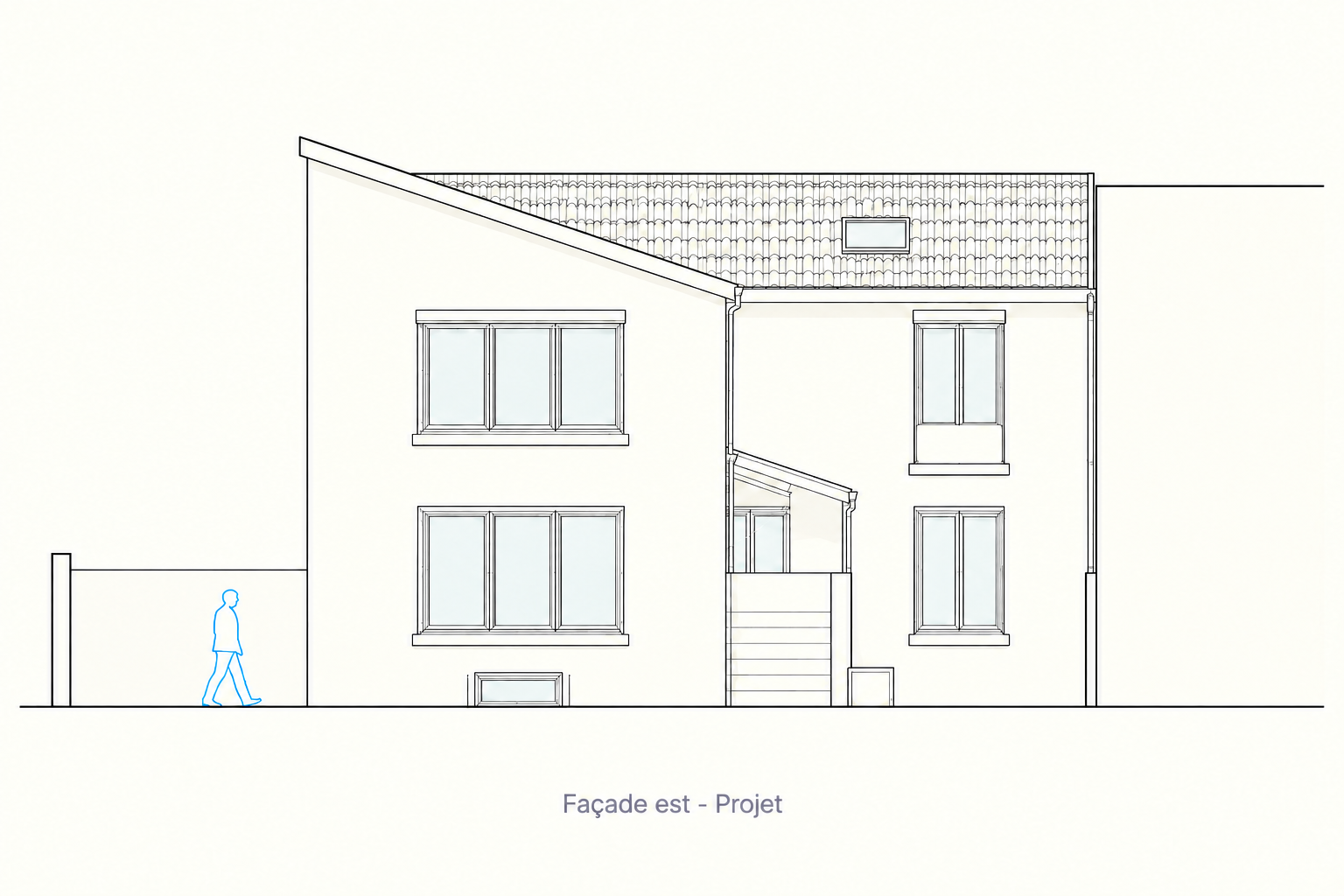 Élévation est projetée à Colombes, avec volume rehaussé, baies sur deux niveaux et escalier d’accès.