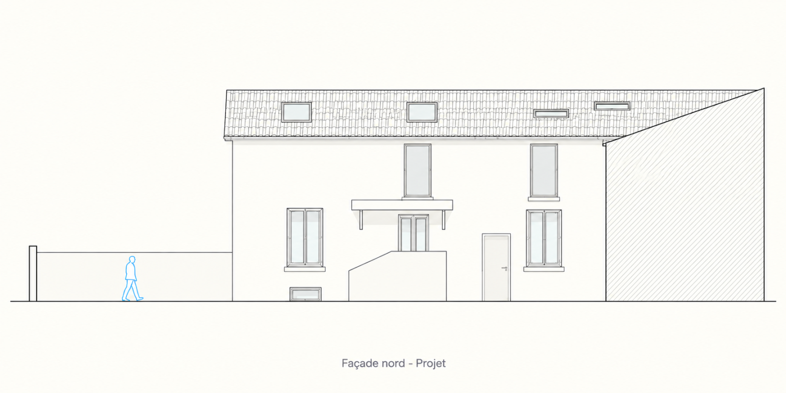 Élévation nord projetée de la maison à Colombes, avec toiture rehaussée et nouvelles ouvertures à l’étage.