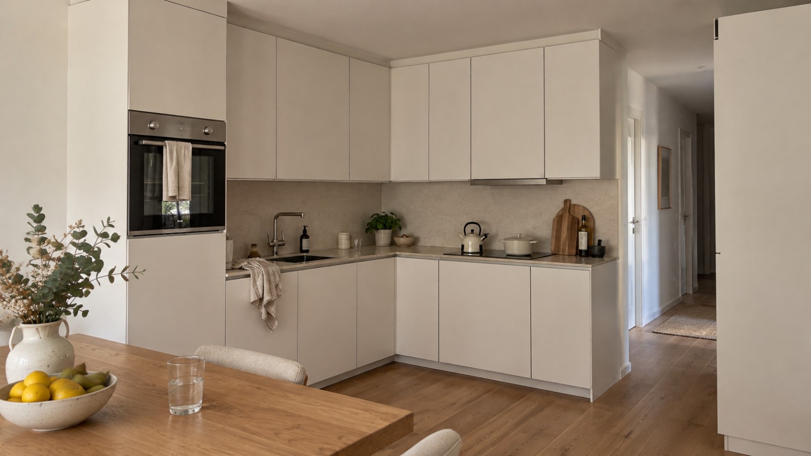 Cuisine en L aux façades claires, table en bois et couloir attenant dans le projet de maison à Colombes.