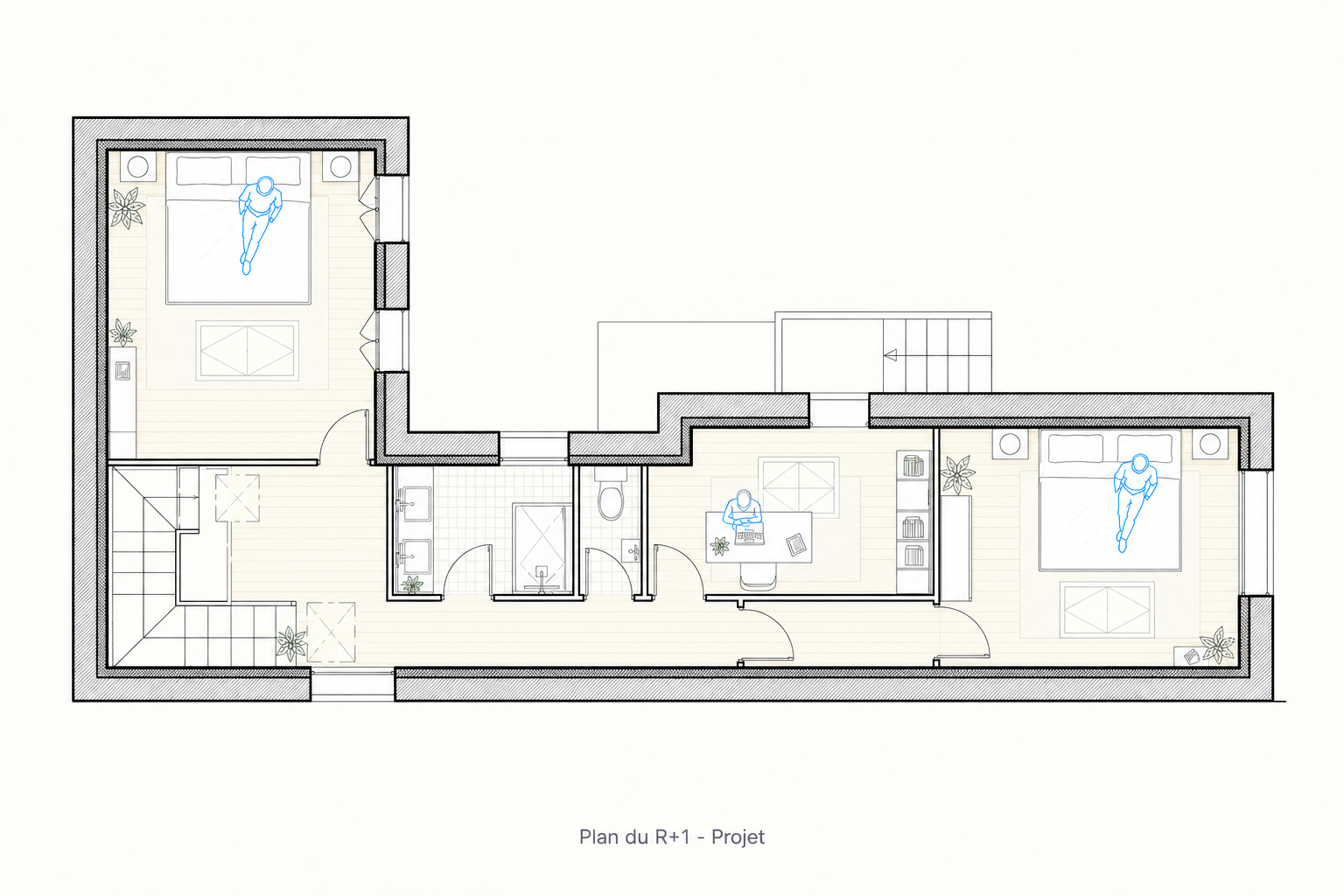 Plan du premier étage projeté à Colombes, avec deux chambres, bureau, salle d’eau et WC séparé.