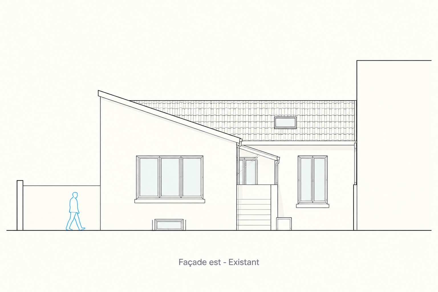 Façade est existante de la maison à Colombes, avec toiture asymétrique et accès extérieur par escalier.