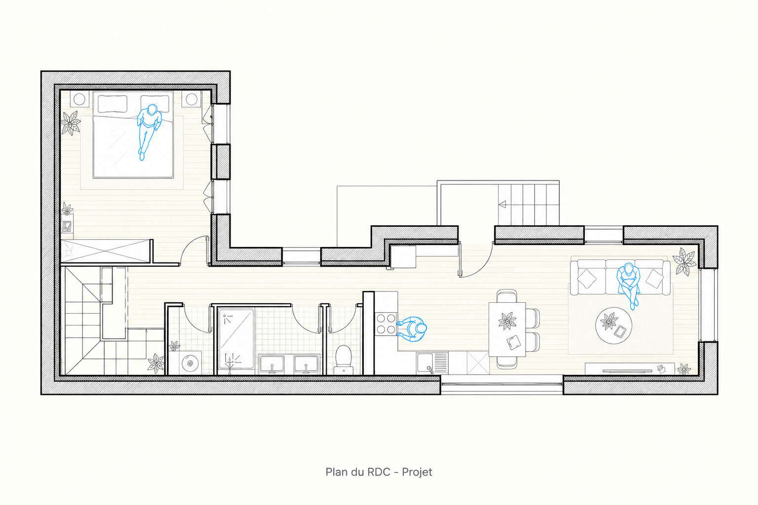 Plan du rez-de-chaussée projeté à Colombes, avec chambre, séjour et cuisine ouverts, salle d’eau et escalier intérieur.
