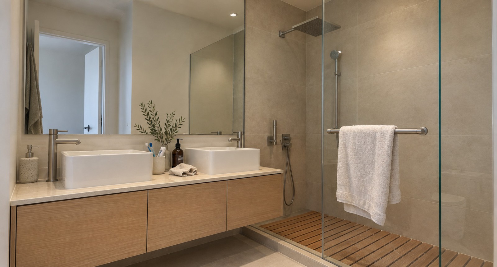 Salle d’eau du projet à Colombes, avec meuble en bois, double vasque et douche derrière une paroi vitrée.