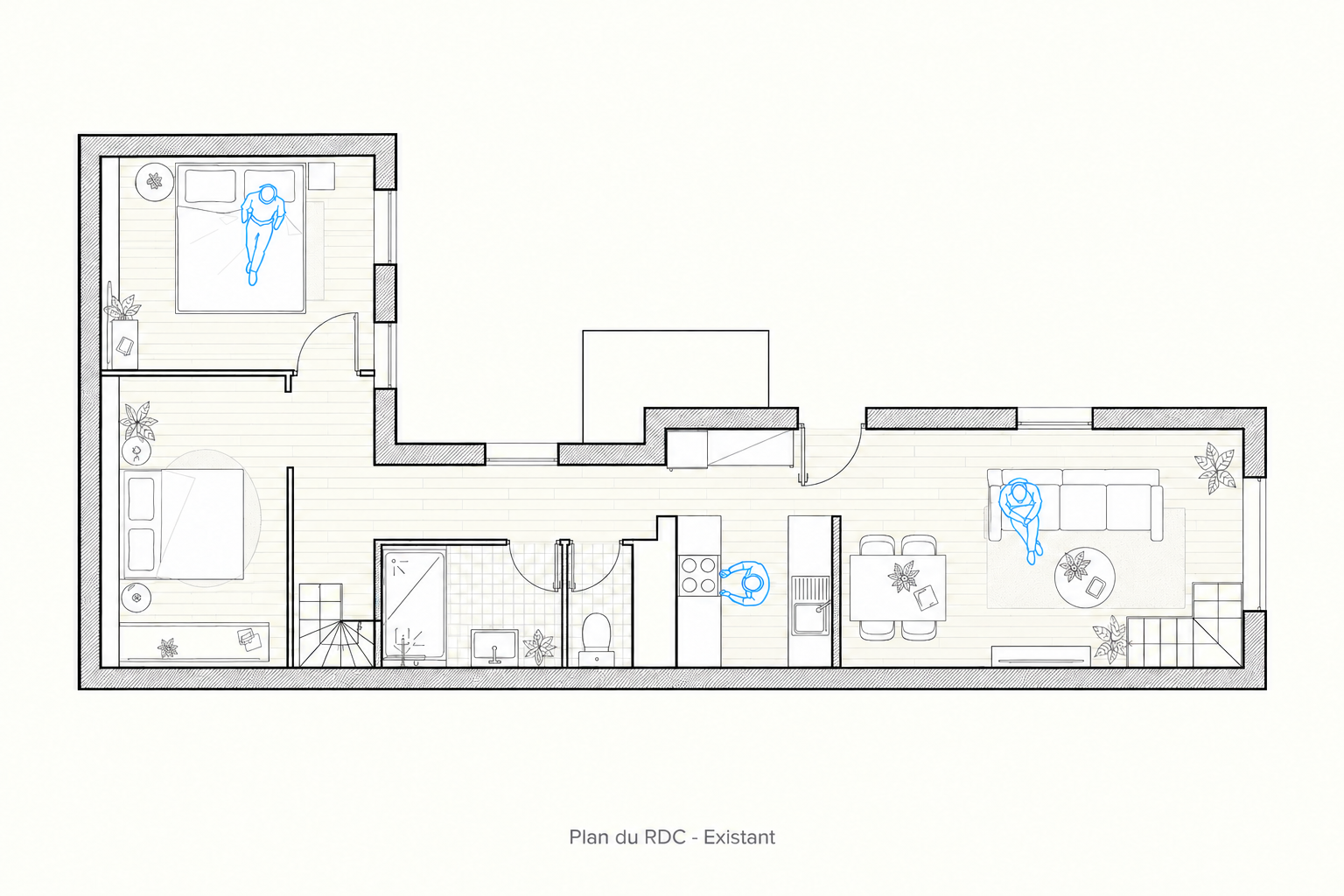 Plan du rez-de-chaussée existant à Colombes, avec deux chambres, cuisine séparée, séjour et salle d’eau.