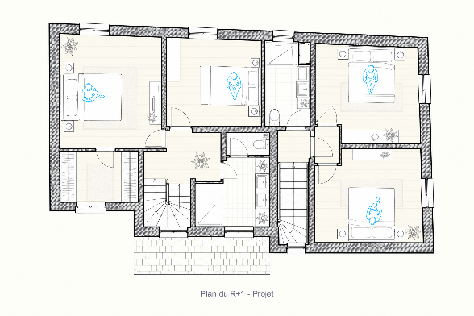 Plan du premier étage projeté à Gennevilliers, avec chambres, salles d’eau, rangements et circulations autour des escaliers.