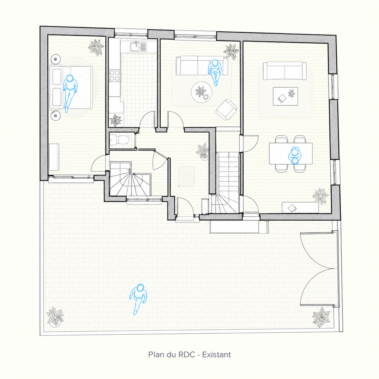 Plan du rez-de-chaussée existant à Gennevilliers, avec pièces de vie, cuisine séparée, escaliers et cour d’accès.