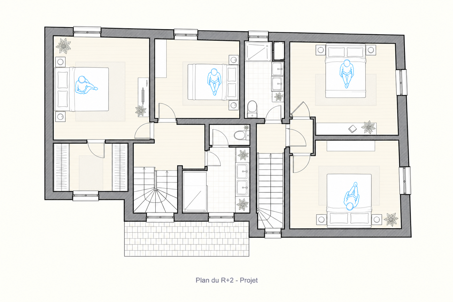 Plan du deuxième étage projeté à Gennevilliers, avec chambres, salles d’eau, rangements et accès par escaliers.