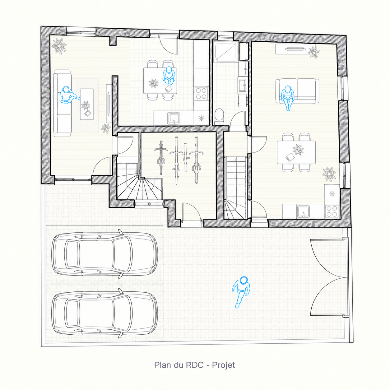 Plan du rez-de-chaussée projeté à Gennevilliers, avec séjour et cuisine, chambre, local vélos et deux places de stationnement dans la cour.