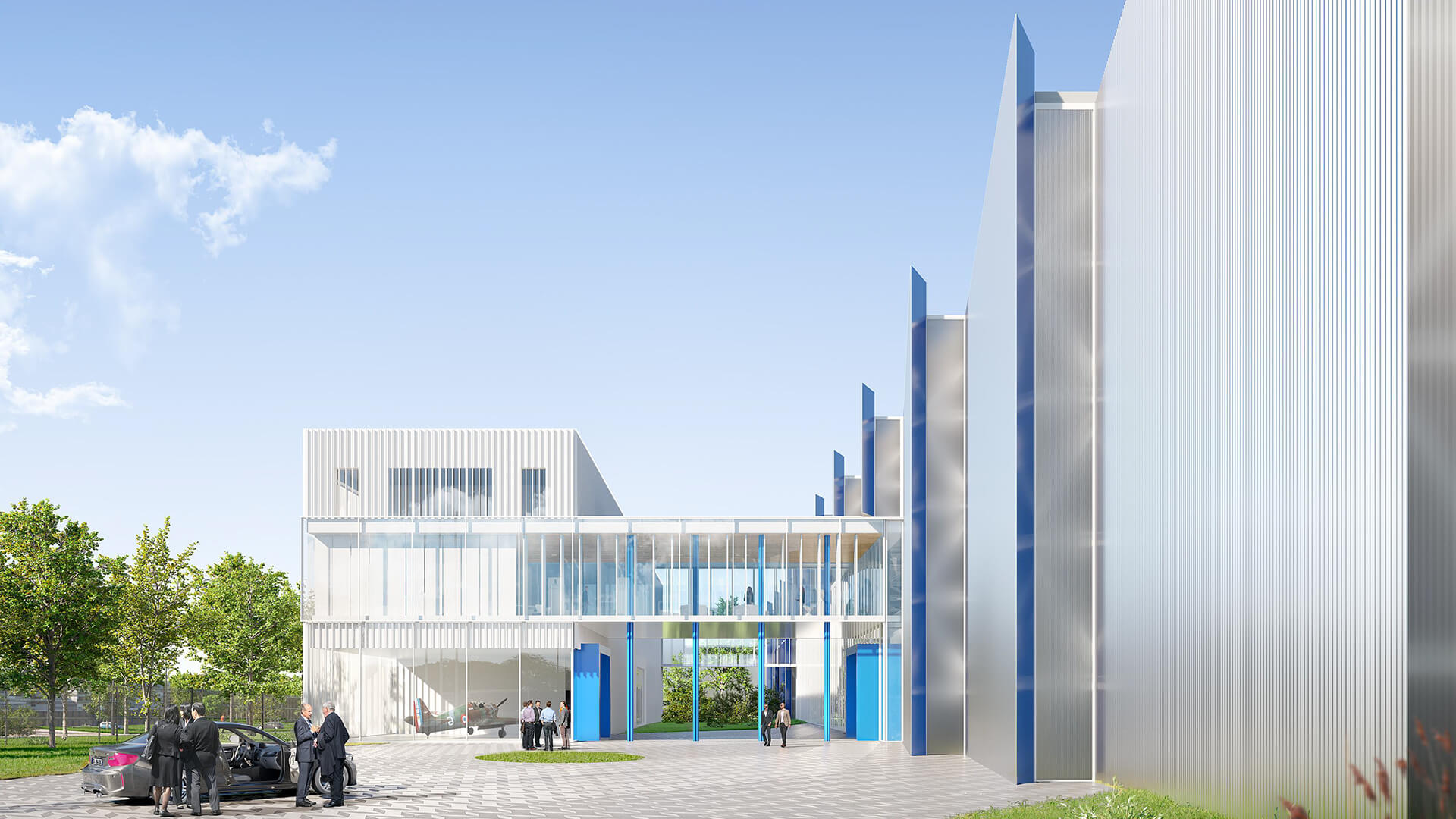 Rendu architectural d'un bâtiment moderne avec façade en verre et éléments structuraux bleus sous un ciel nuageux